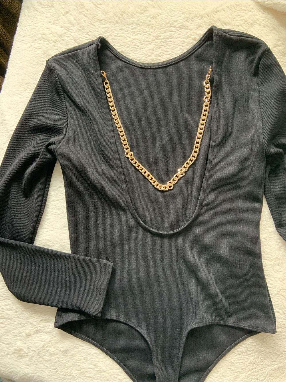 Miss Selfridge Black Long-Sleeve Scoop Back Bodysuit with Gold Chain Detail